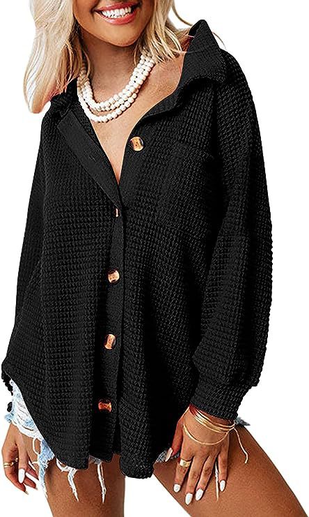 Damen lässige Waffle-Hemdenjacke mit Knopfverschluss R&B