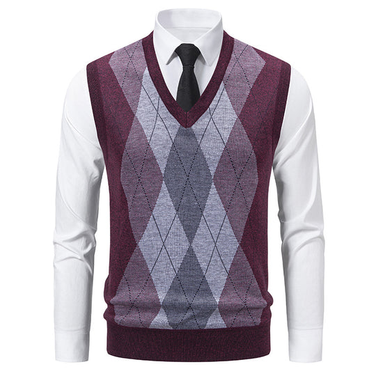 Herren V-Ausschnitt Strickpullover mit elegantem Rautenmuster R&B