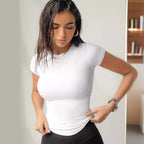 Damen figurbetontes Rippenshirt mit kurzen Ärmeln und Rundhalsausschnitt R&B