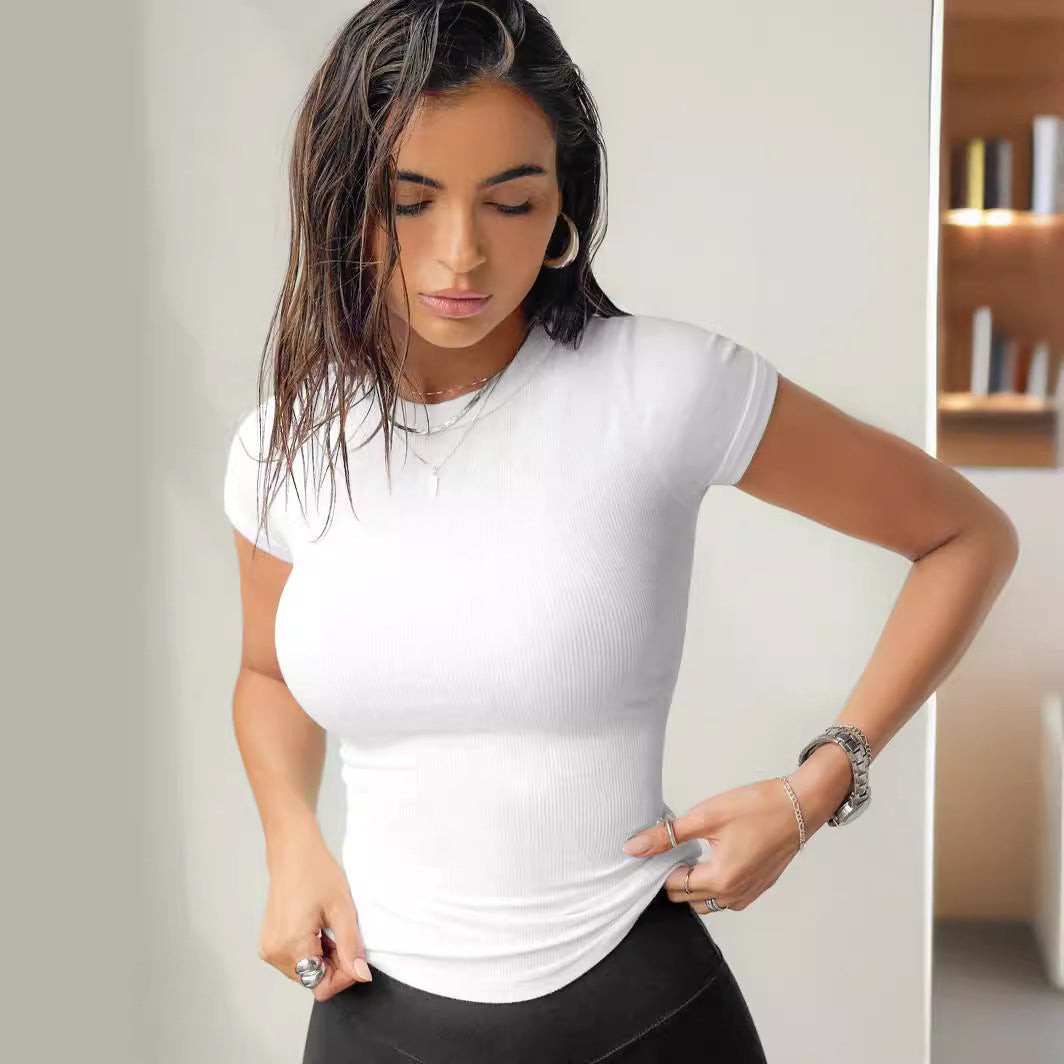 Damen figurbetontes Rippenshirt mit kurzen Ärmeln und Rundhalsausschnitt R&B
