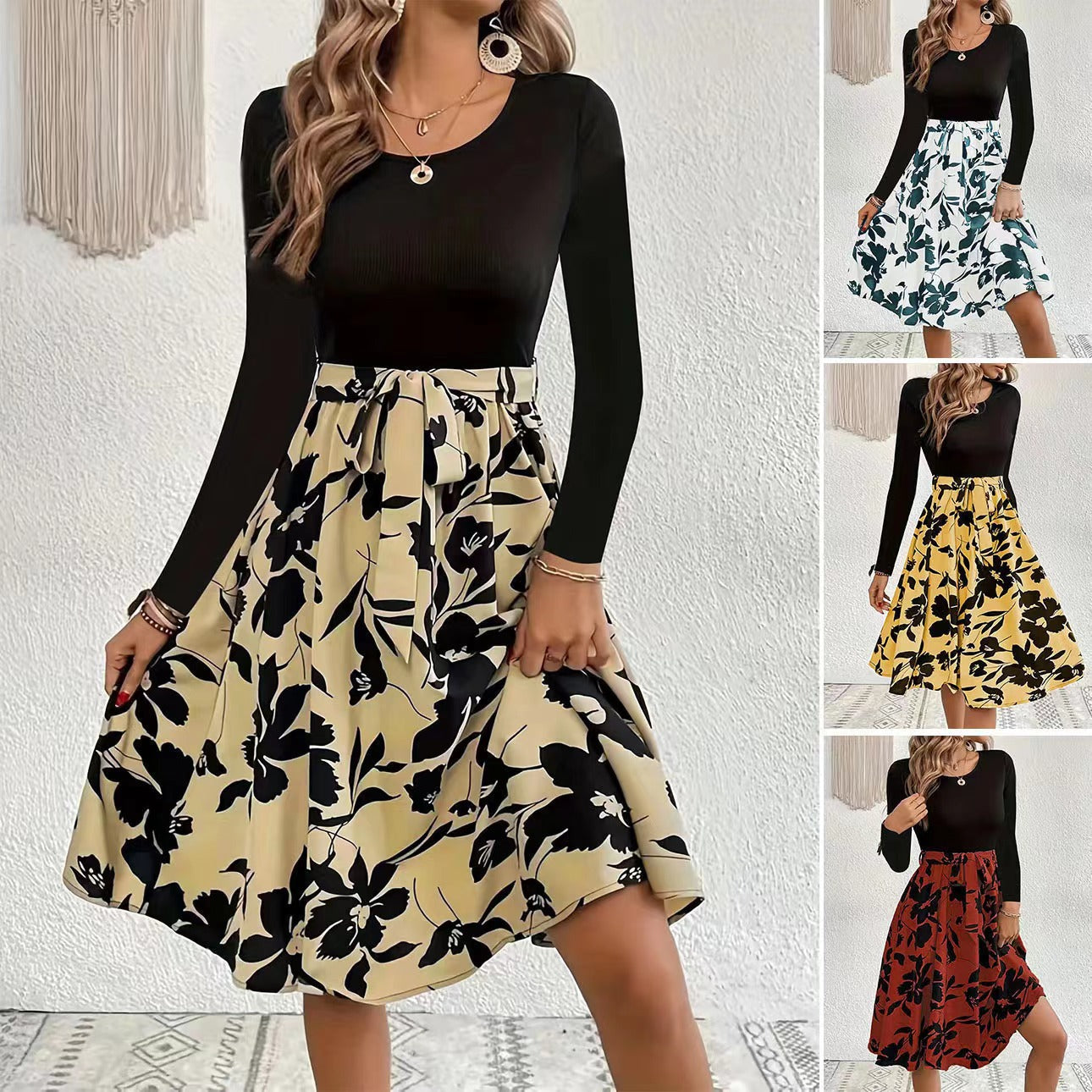 Damen Elegantes Midikleid mit floralem Print und gesmoktem Oberteil R&B