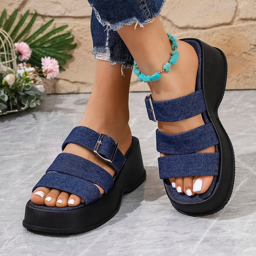 Damen Wedge-Pantoletten mit verstellbarem Schnallenverschluss und modischem Denim-Design R&B