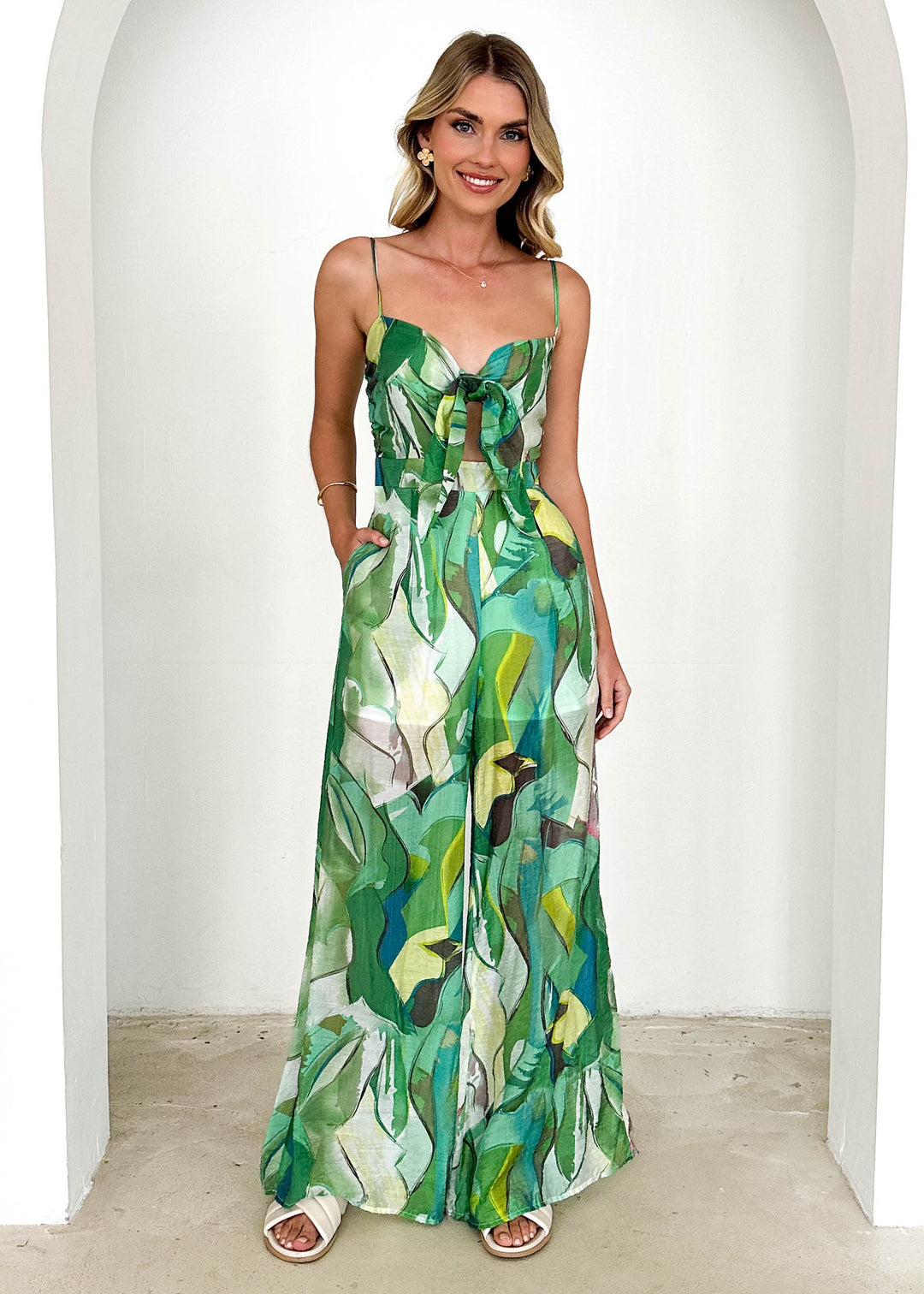 Damen Jumpsuit mit verspieltem Knotendetail und farbenfrohem Muster R&B
