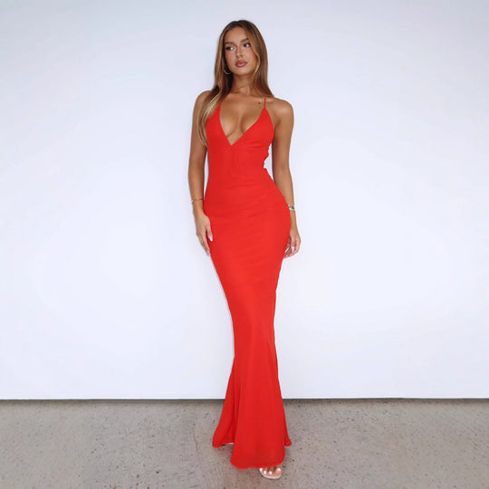 Damen Elegantes Maxikleid mit tiefem V-Ausschnitt und Spaghettiträgern R&B
