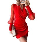 Damen Wickelkleid mit eleganten transparenten Ärmeln und schimmerndem Detail R&B