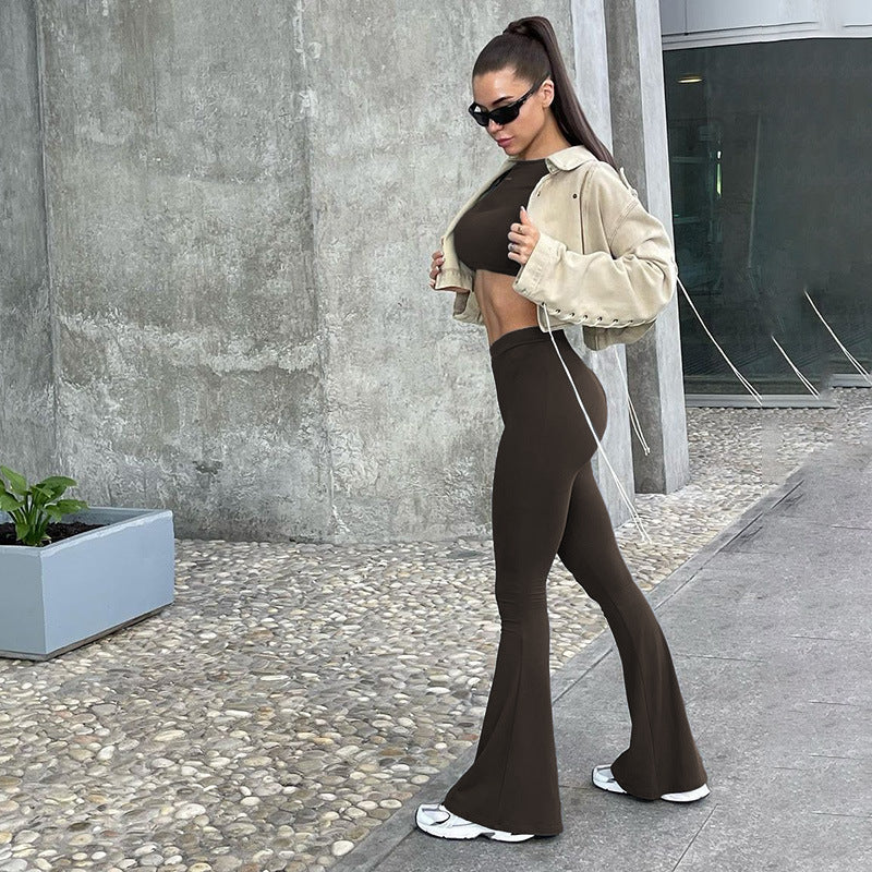 Damen Langarm Cropped Top und Flared Pants Set R&B