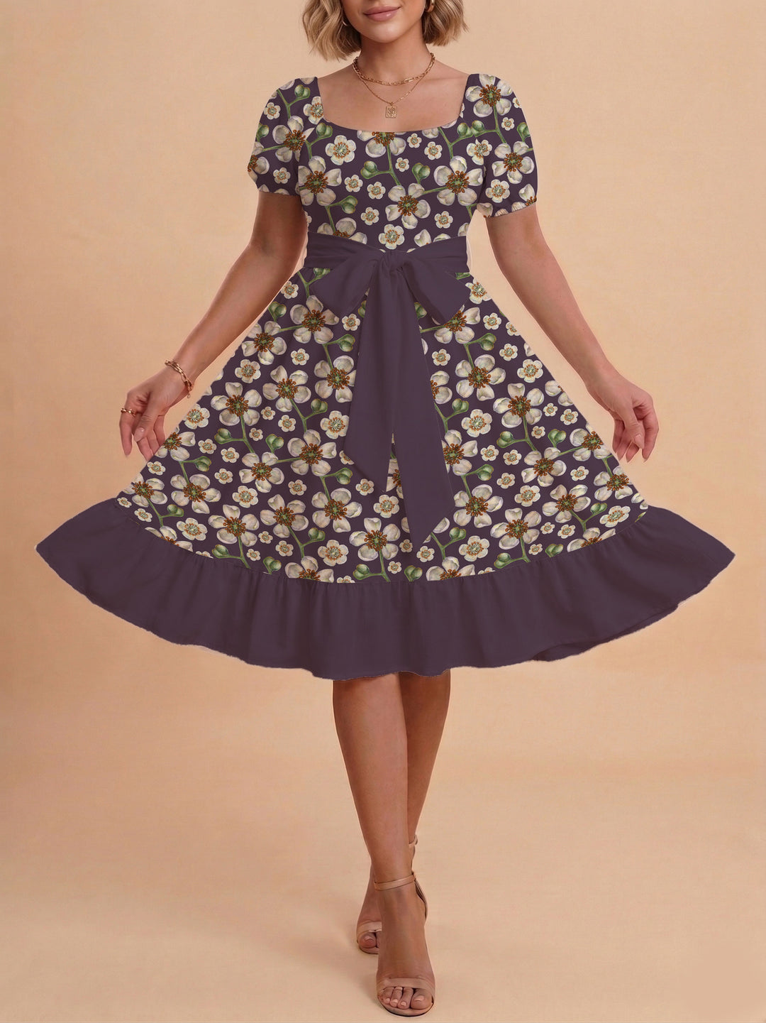 Damen Blumenkleid mit taillierbarem Gürtel und voluminösen Ärmeln R&B