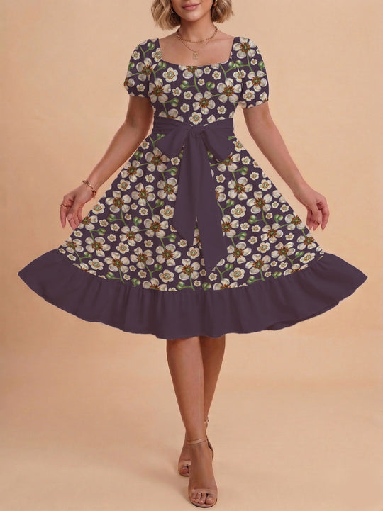 Damen Blumenkleid mit taillierbarem Gürtel und voluminösen Ärmeln R&B