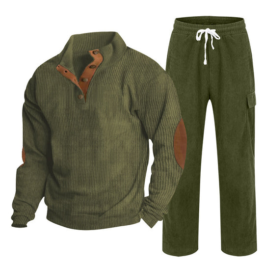 Herren nan Strick-Freizeitset mit Knopfleiste und Ellenbogenaufnähern sowie Cord-Cargohose R&B