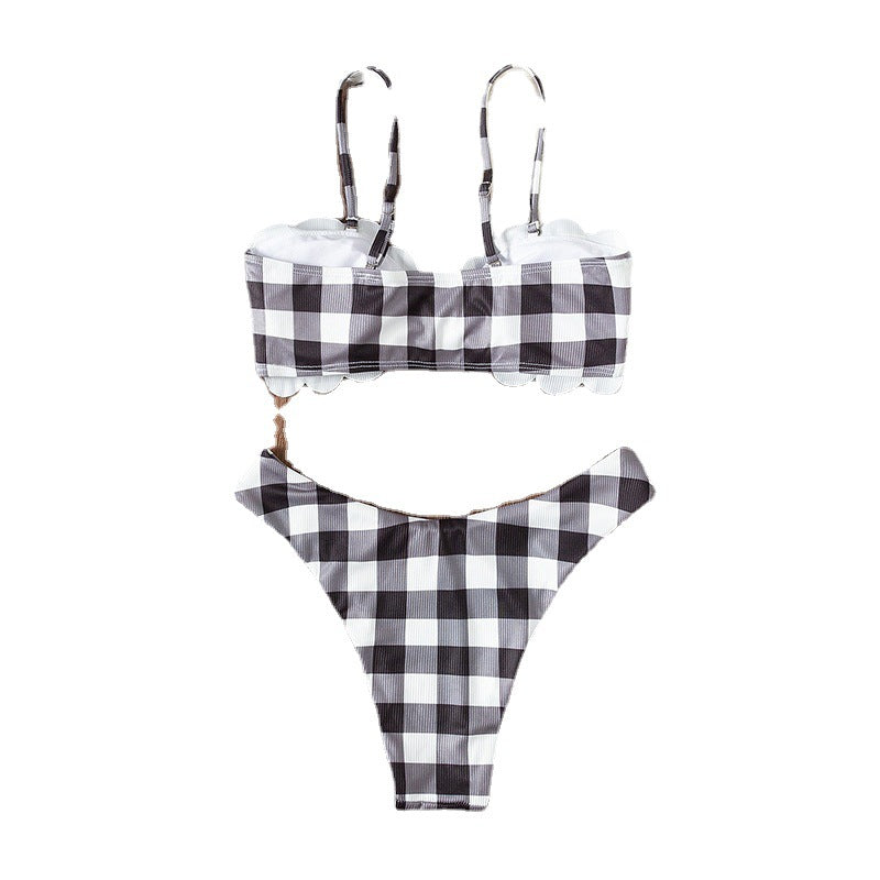 Damen Bandeau-Bikini mit elegantem Rüschendetail und Karomuster R&B