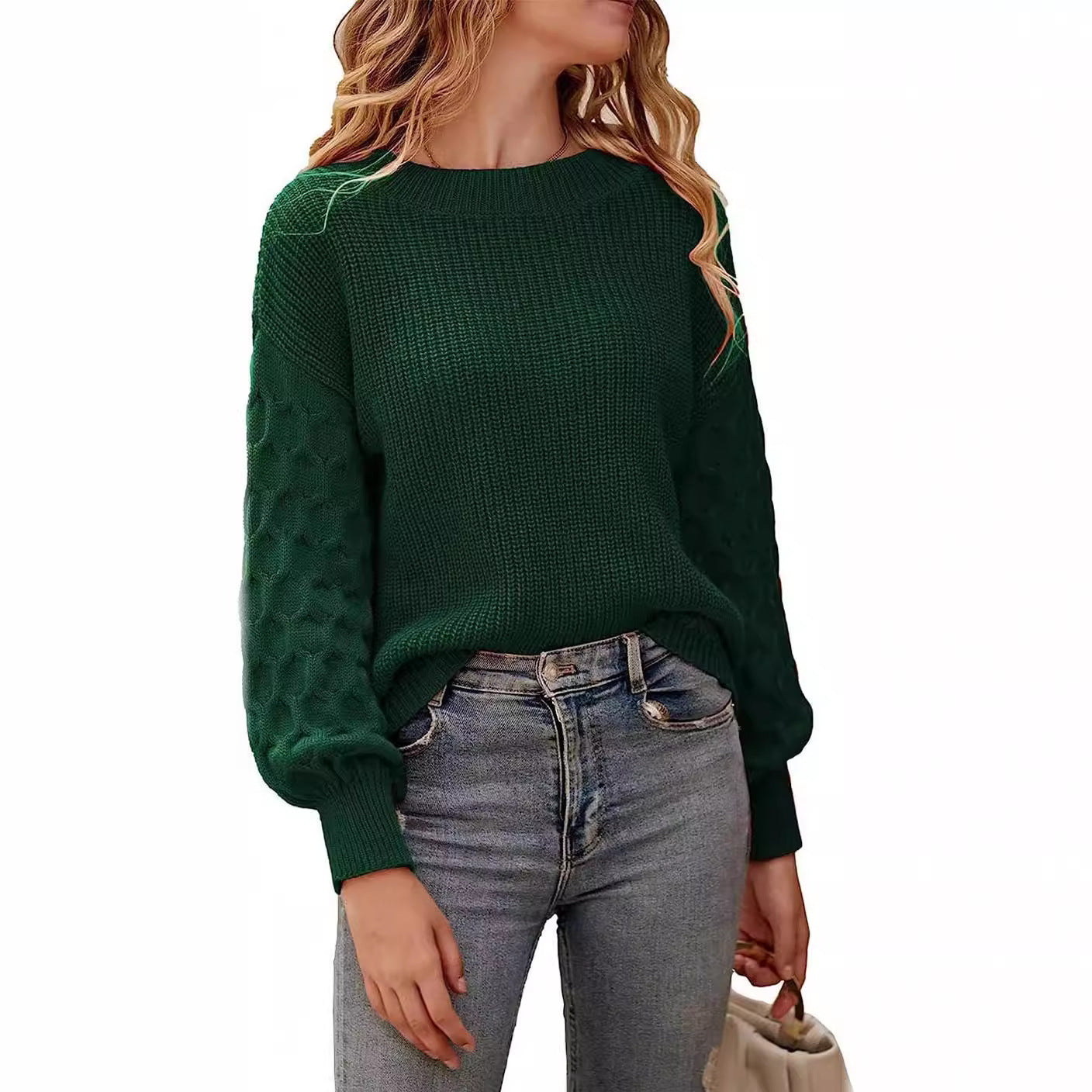 Damen modischer Strickpullover mit strukturierten Ärmeln und Rundhalsausschnitt R&B
