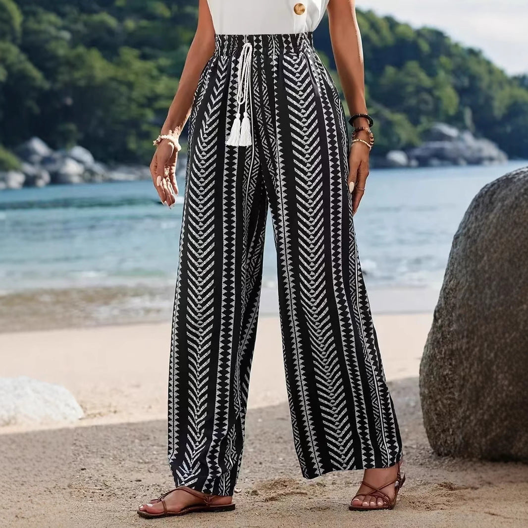 Damen breite Palazzohose mit elastischem Bund und modischem Muster R&B