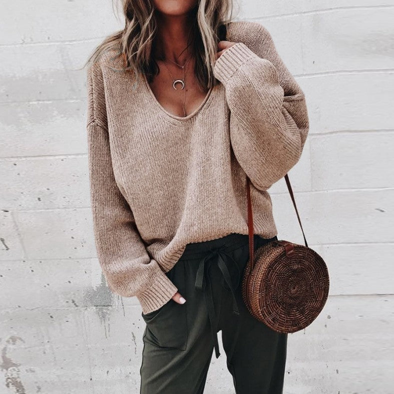 Damen lässiger V-Pullover mit weitem Schnitt und feiner Strickstruktur R&B