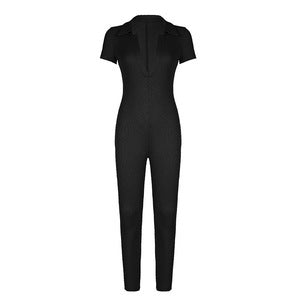 Damen figurbetonter Jumpsuit mit Kragen und Kurzarm R&B