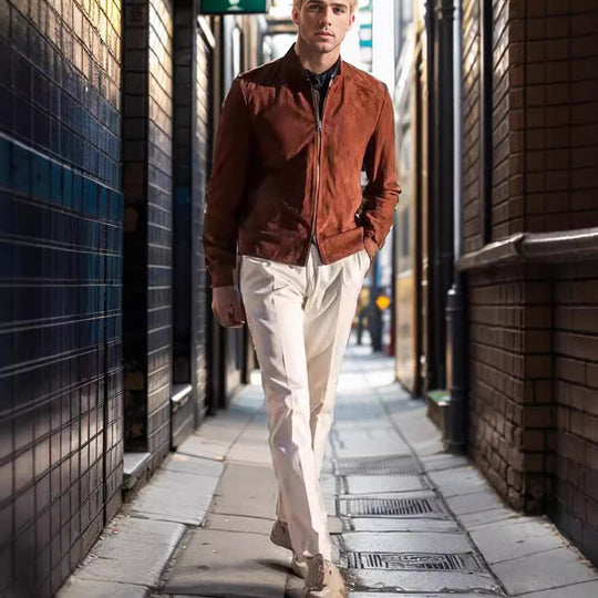 Herren lässige Wildlederjacke mit Stehkragen und seitlichen Reißverschlusstaschen R&B