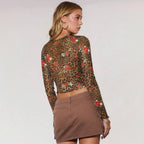 Damen Cropped Langarmshirt mit einzigartigem Leoparden- und Blumenmuster R&B