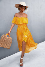 Damen Off-Shoulder Maxikleid mit Rüschendetails und seitlichem Schlitz R&B