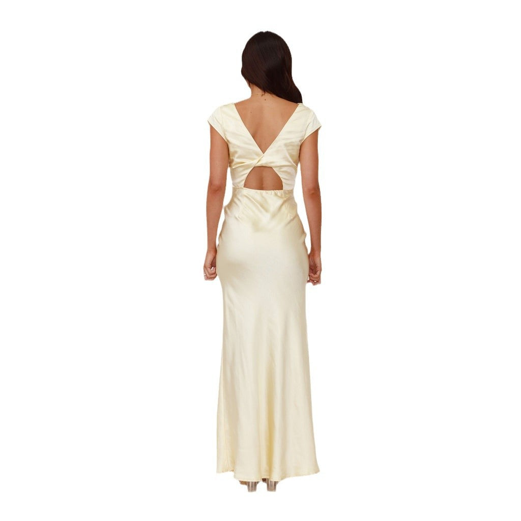Damen Elegantes Maxikleid mit Tiefem V-Ausschnitt und Fliessendem Satin-Finish R&B