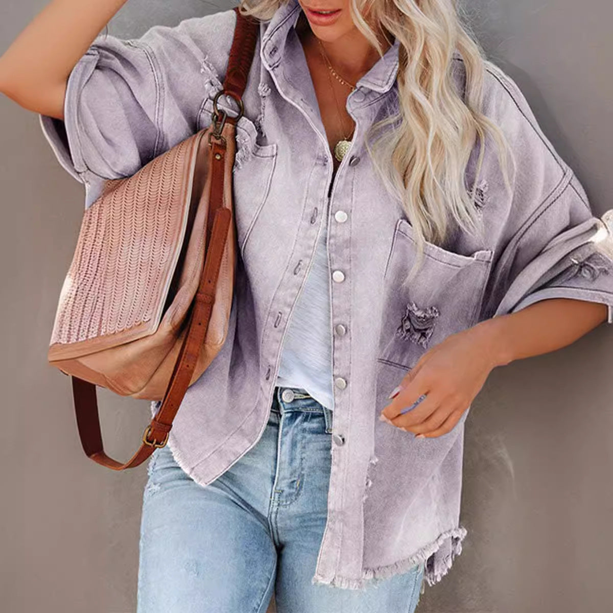 Damen Oversize Denimjacke mit Raffung und fransigem Saum R&B