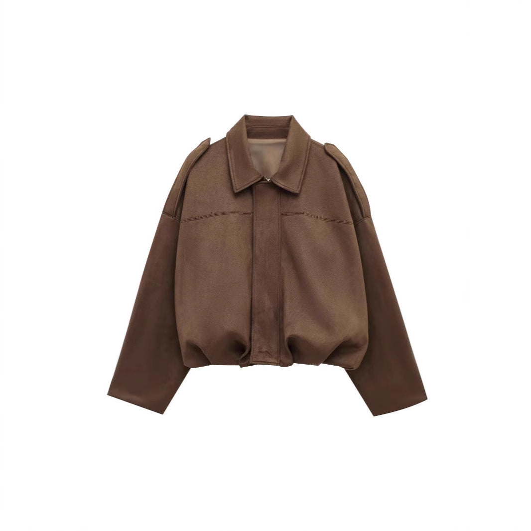 Damen lockere Cropped Jacke aus Wildlederimitat R&B
