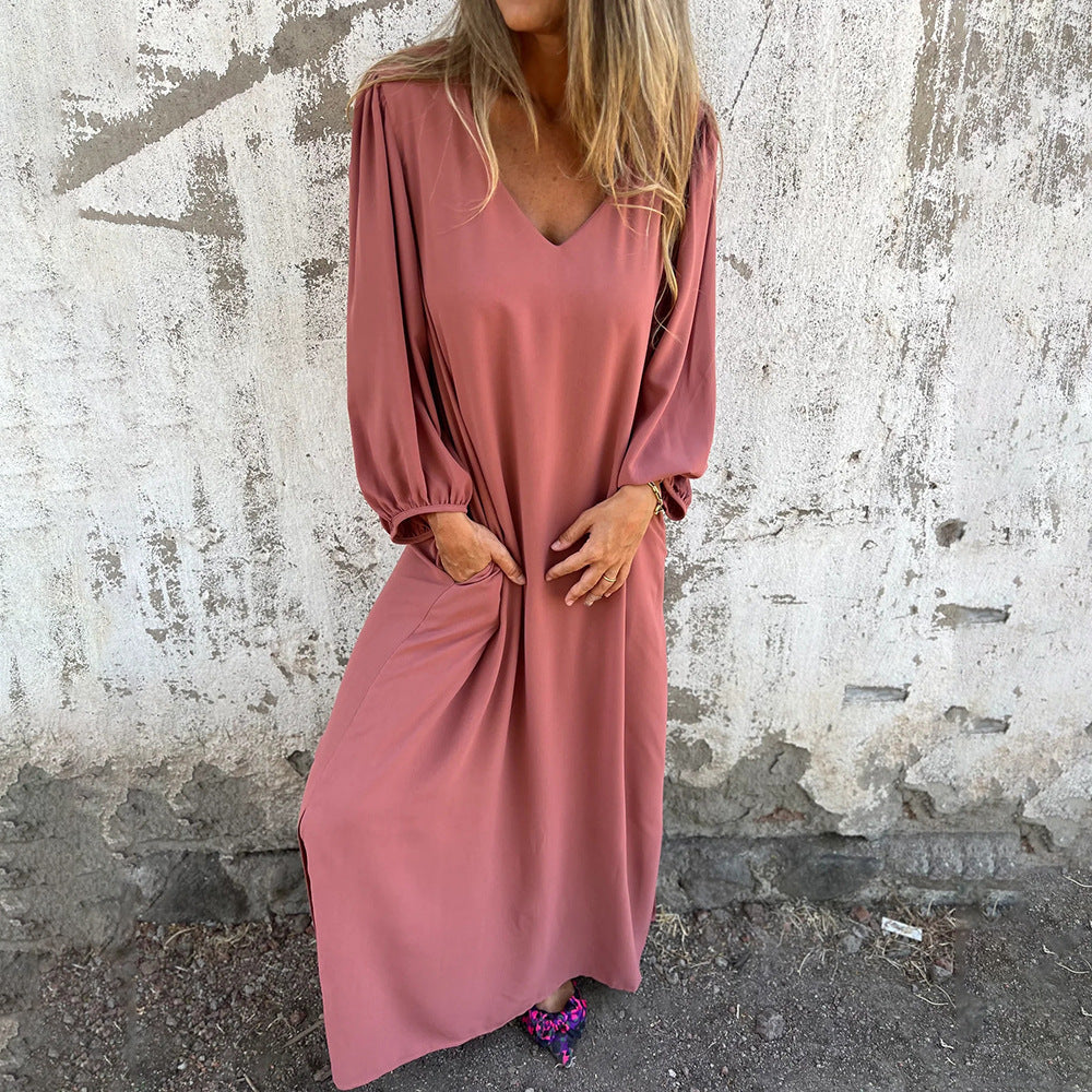 Damen Maxikleid mit tiefem V-Ausschnitt und lässigen Taschen R&B
