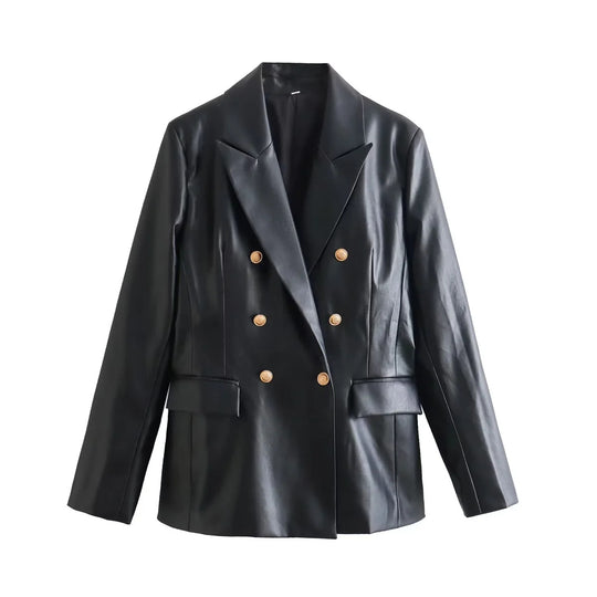 Damen elegante Kunstleder-Blazerjacke mit doppelter Knopfleiste und goldenen Akzenten R&B