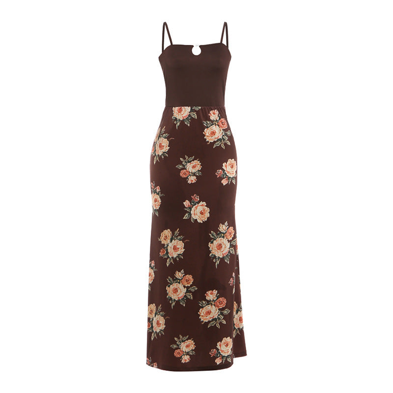 Damen Maxi-Kleid mit modischem Blumenmuster und schmalen Spaghettiträgern R&B