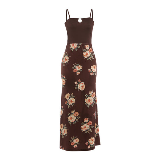 Damen Maxi-Kleid mit modischem Blumenmuster und schmalen Spaghettiträgern R&B