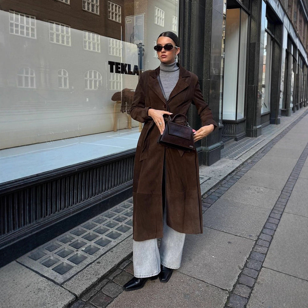 Damen Eleganter Wildledermantel mit Taillengürtel R&B