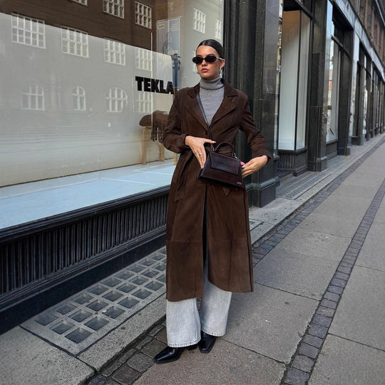 Damen Eleganter Wildledermantel mit Taillengürtel R&B