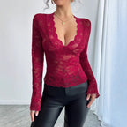 Damen nan tailliertes Spitzenshirt mit tiefem V-Ausschnitt, floraler Netzspitze und langen Ärmeln R&B