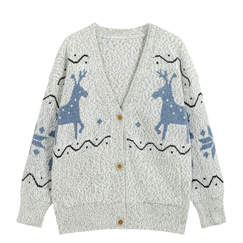 Damen Gemütlicher Cardigan mit Rentier-Motiv und Taschen R&B