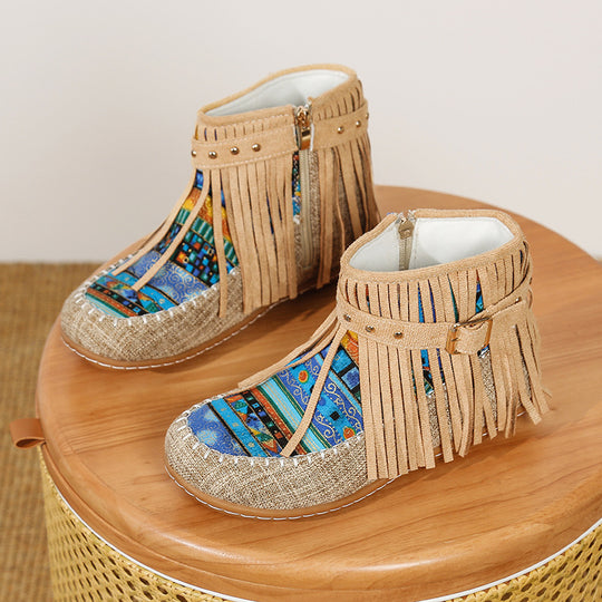 Damen Fransen-Short-Boots aus hochwertigem Stoff mit buntem Ethno-Muster R&B