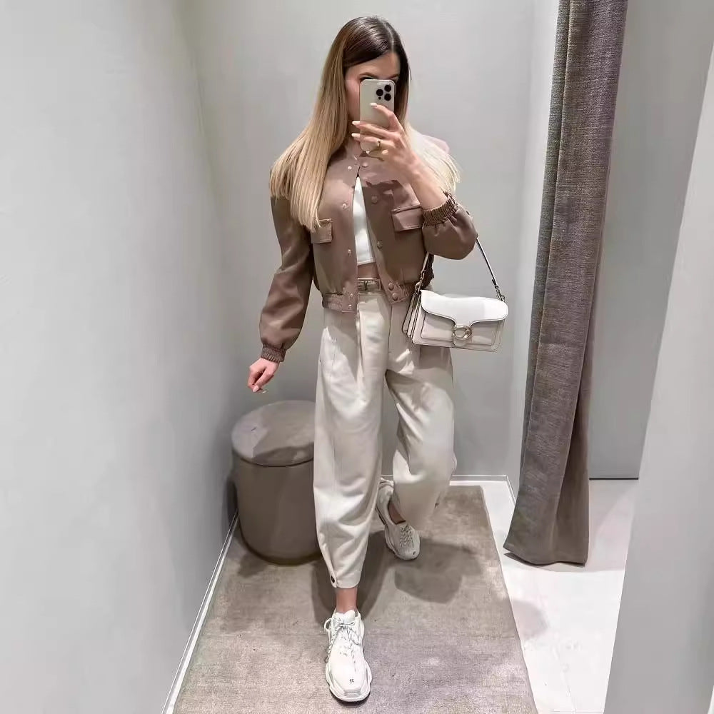 Damen lässige cropped Jacke mit praktischen Taschen und elastischem Saum R&B