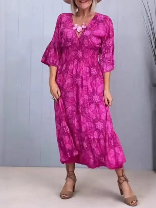 Damen Maxikleid mit elegantem V-Ausschnitt und schwingendem Rock Heidi-Mode