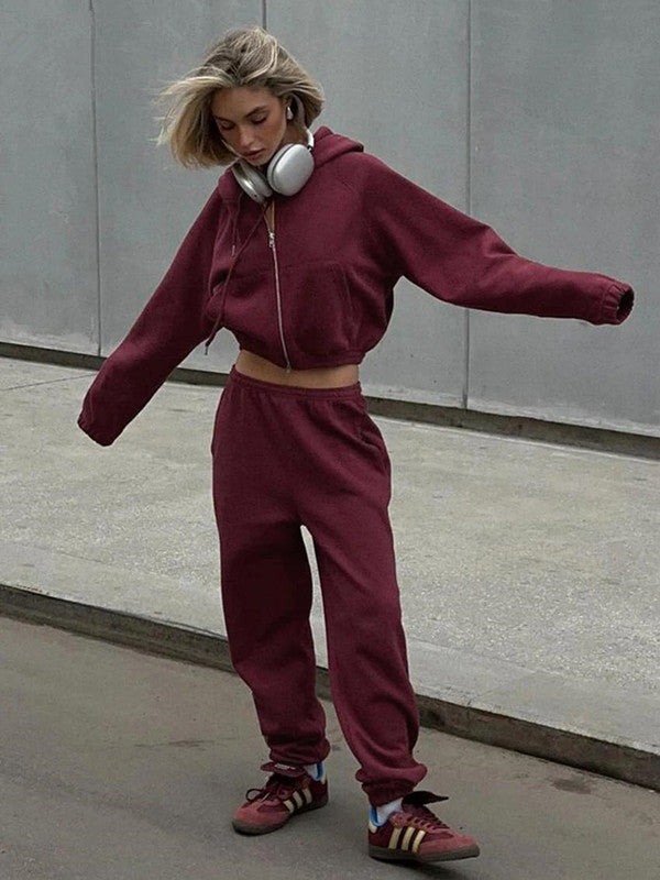 Damen Sportliches Hoodie-Set mit hohem Kragen und bequemen Hosen R&B