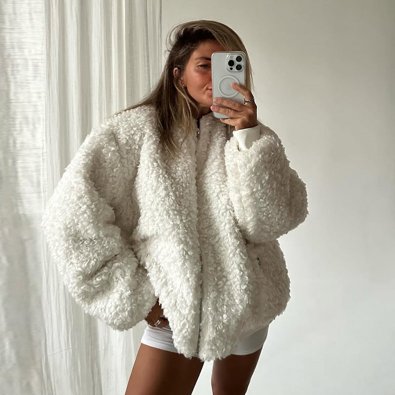 Damen gemütliche Teddyjacke mit hohem Kragen R&B