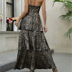 Damen Elegantes Tiermuster-Maxikleid mit tiefem V-Ausschnitt und voluminösem Rock R&B