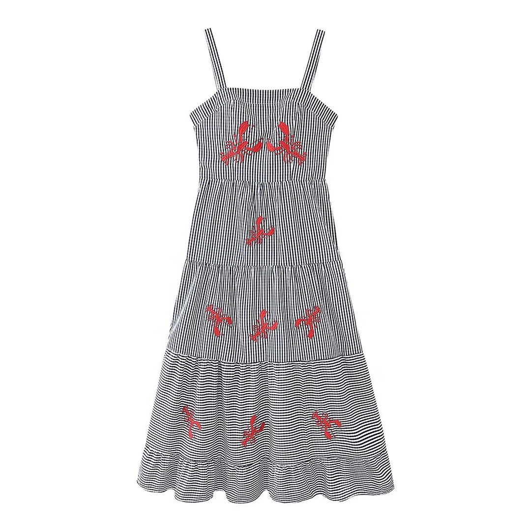 Damen luftiges Maxikleid mit Streifenmuster und floralen Stickereien R&B