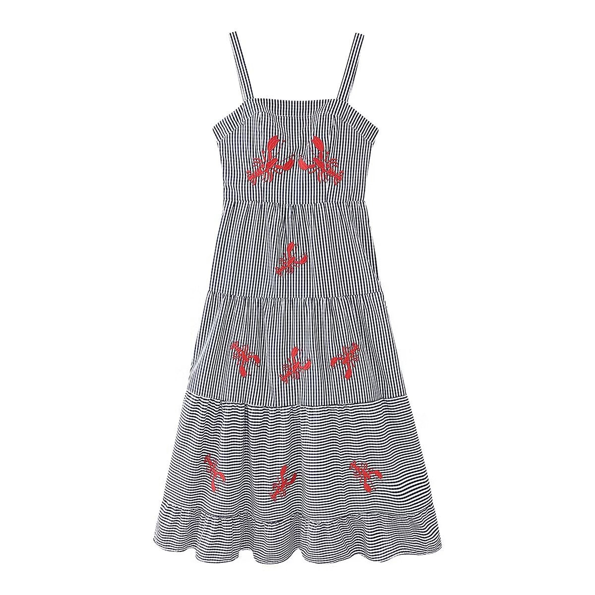 Damen luftiges Maxikleid mit Streifenmuster und floralen Stickereien