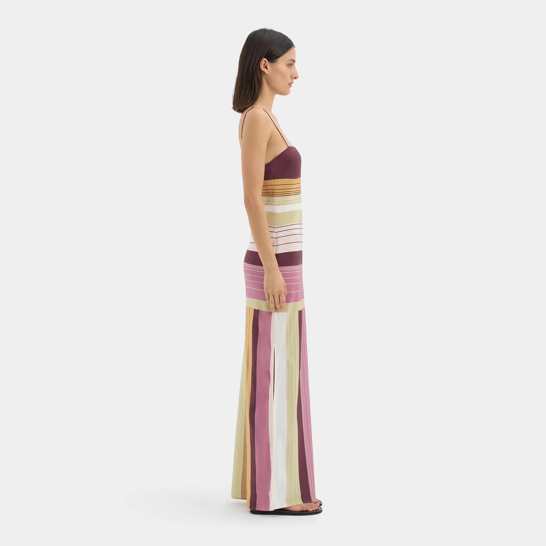 Damen nan figurbetontes Maxikleid mit Spaghettiträgern, geradem Ausschnitt, Paneelstreifen und seitlichem Schlitz R&B