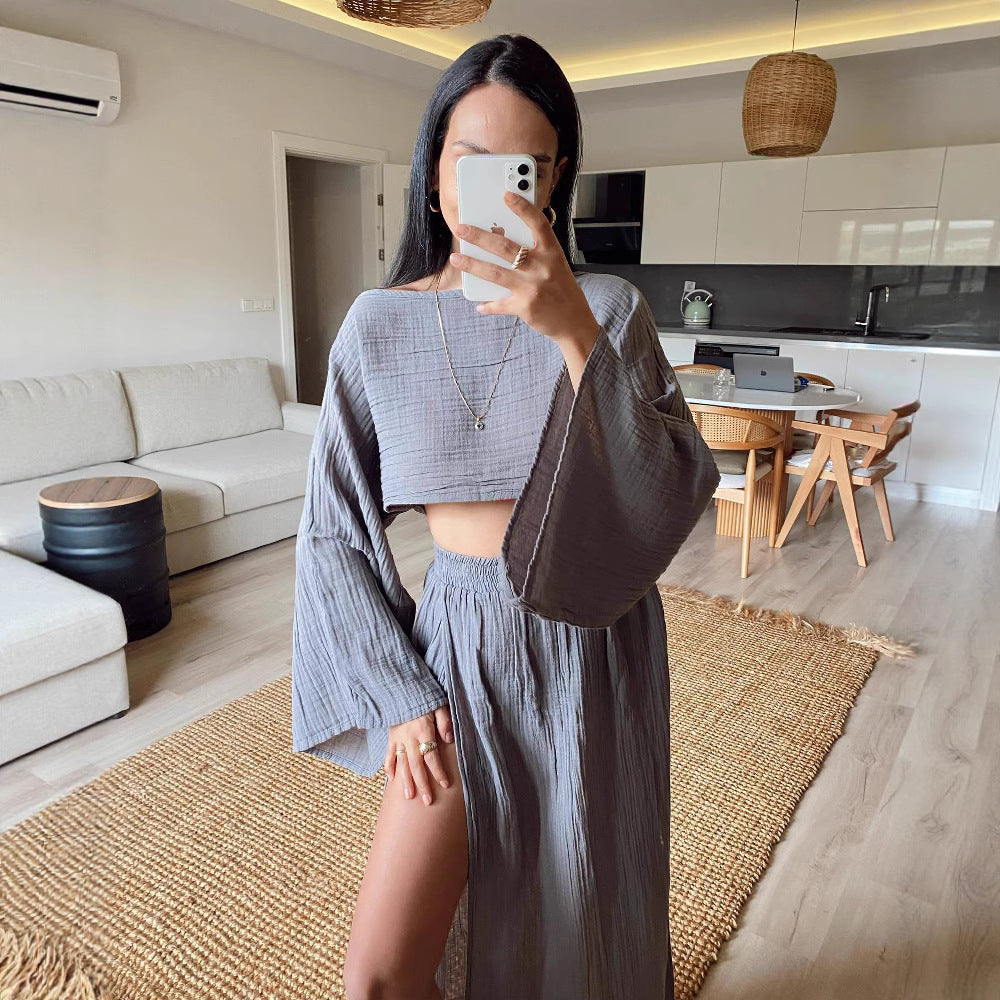 Damen luftiges Set aus cropped Oberteil und hoch geschnittenem Rock R&B