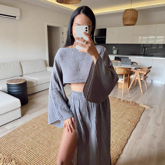 Damen luftiges Set aus cropped Oberteil und hoch geschnittenem Rock R&B
