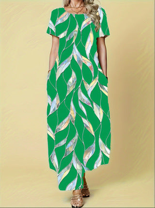 Damen Maxikleid mit elegantem Blattmuster und praktischen Taschen R&B