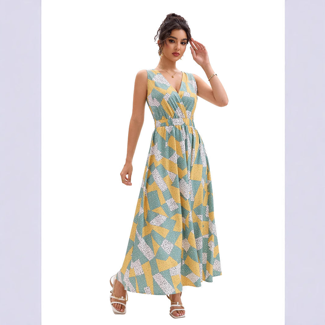 Damen Maxikleid mit tiefem V-Ausschnitt und modischem geometrischen Muster R&B