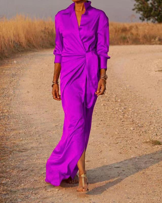 Damen Elegantes Wickel-Maxi-Kleid mit vielseitigem Kragen und seitlichem Schlitz R&B