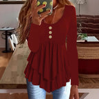 Damen Langarm Blusenshirt mit mehrlagigem Design und dekorativen Knopfdetails R&B