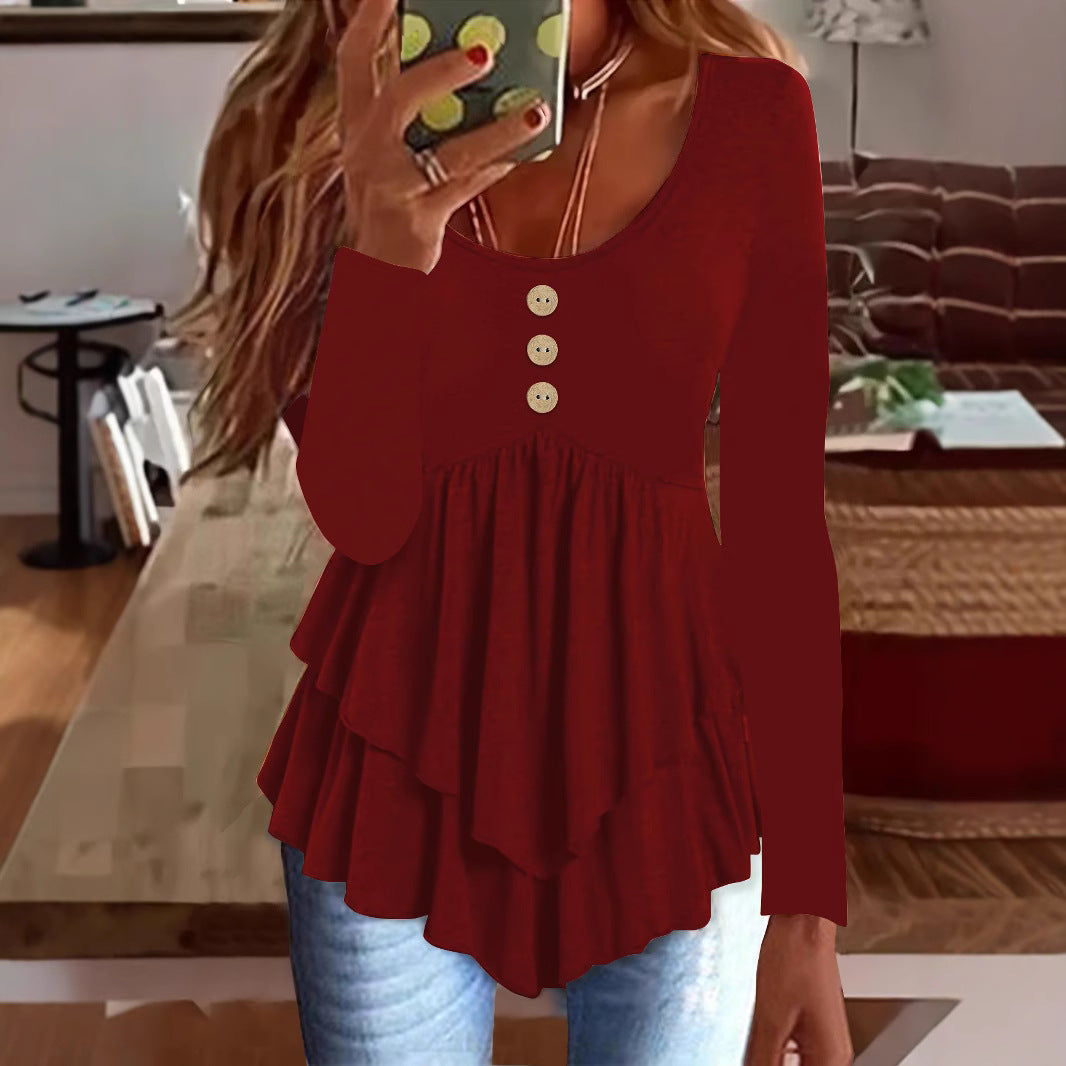 Damen Langarm Blusenshirt mit mehrlagigem Design und dekorativen Knopfdetails R&B