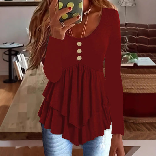 Damen Langarm Blusenshirt mit mehrlagigem Design und dekorativen Knopfdetails R&B