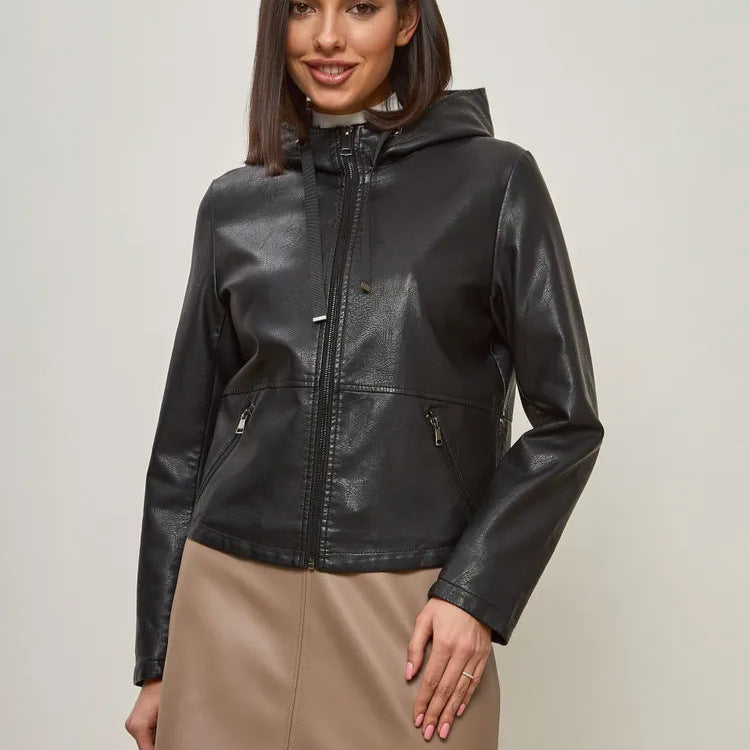 Damen modische Kunstlederjacke mit Kapuze und Reißverschlusstaschen R&B